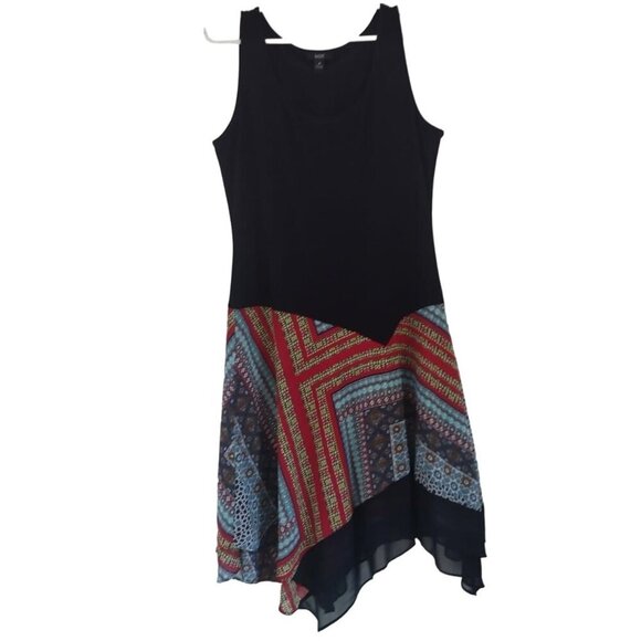 MSK Women's Medium Sleeveless Black & Multicolor Handkerchief Hem Dress. - Picture 1 of 6
